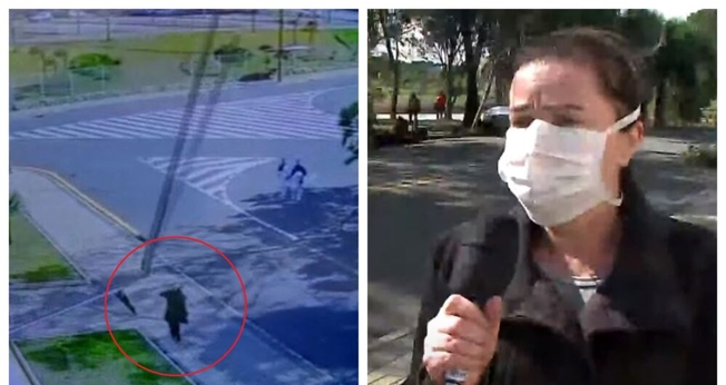 Câmeras de segurança filmam momento em que mulher quase foi atingida por um poste em Curitiba. (Foto: Reprodução/RIC Record Tv)