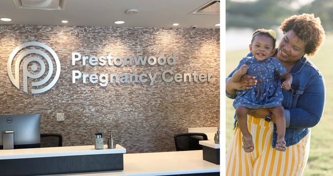 Unidade da Prestonwood Pregnancy Center e uma mãe com seu filho, atendida pela instituição. (Foto: Reprodução / BP Press)
