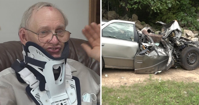 Donald Rawson sobreviveu a acidente que destruiu seu carro nos EUA. (Foto: WZZM)
