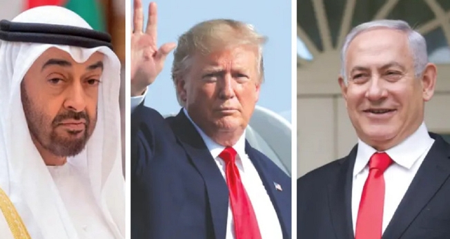 Sheik Mohammed Bin Zayed, príncipe herdeiro de Abu Dhabi, presidente dos EUA, Donald Trump, e primeiro-ministro de Israel, Benjamin Netanyahu. (Foto: Reuters)