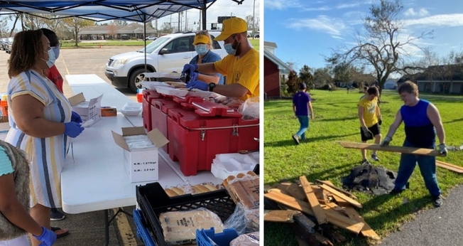Voluntários servem comida para desabrigados e limpam destroçoes em Lake Charles. (Foto: Reprodução / BP Press)