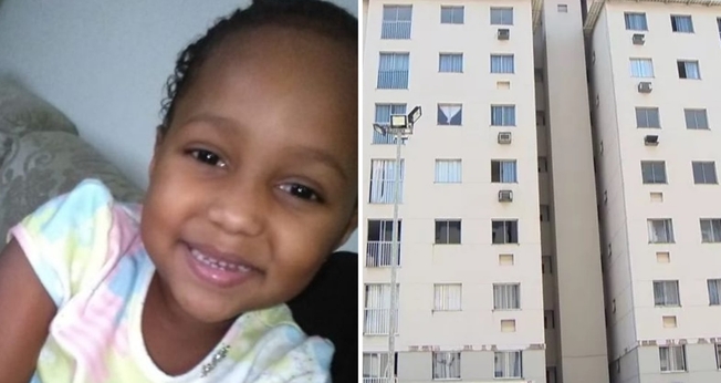 Menina Ana Júlia e a fachada do prédio de onde ela caiu da janela do sexto andar. (Foto: Reprodução / TV Gazeta)