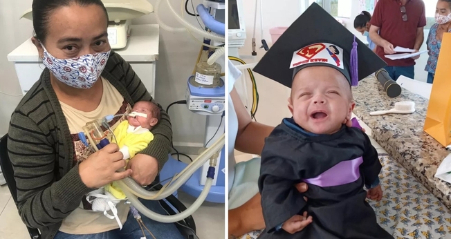 Selma e seu bebê, que nasceu com 620 gramas deixou hospital após 5 meses, com chapéu de formatura. (Foto: Selma Barbosa/Arquivo pessoal)