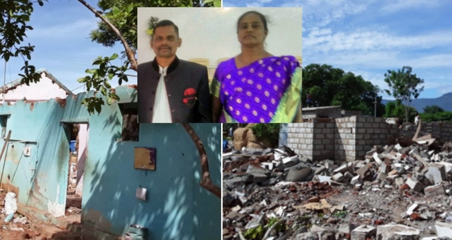 Igreja e casa destruídas por retroescavadeira; no destaque, o Pr. Jayapaul e sua esposa. (Foto: Reprodução / God Reports)