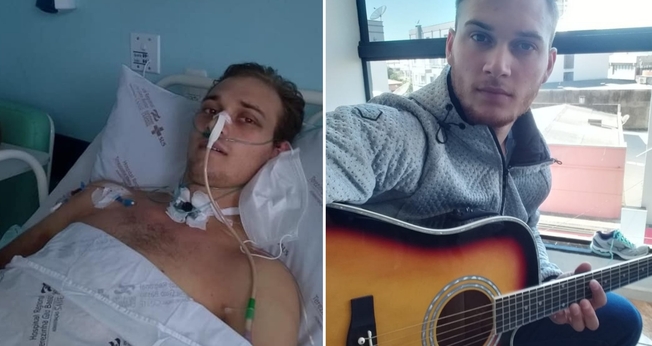 Mateus Perondi de Lima com seu violão e antes, internado após ter sofrido grave acidente. (Foto: Reprodução / Lance Notícias)
