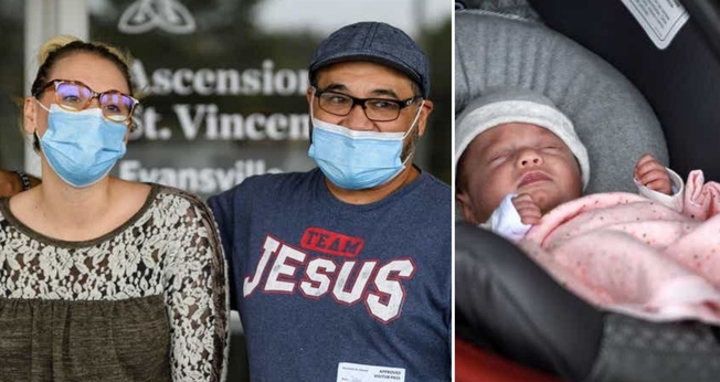 Miranda e Tobi Hernandez finalmente deixam o hospital com seu bebê Adelee. (Foto: Sam Owens / Courier Press)
