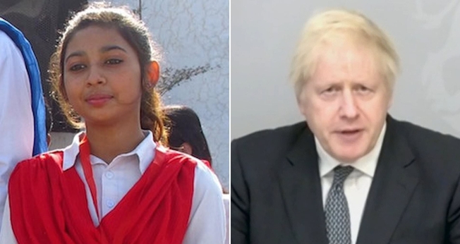 Maira Shahbaz (à esquerda) enviou uma 'carta' ao primeiro-ministro do Reino Unido, Boris Johnson (à direita), pedindo ajuda, enquanto teme por sua própria vida e de sua família, após fugir de um casamento islâmico forçado, no Paquistão. (Foto: Daily Mail)