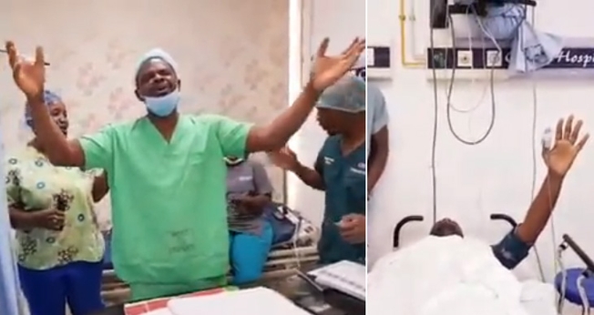 Neurocirurgião em momento de adoração com paciente e enfermeiros. (Foto: Montagem/Guiame/Facebook/NKANI)