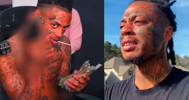 Boonk Gang exibe arma e dinheiro nas redes sociais [à esq.]; o rapper chora compartilhando seu testemunho de conversão [à dir.]. (Foto: Reprodução / Facebook)