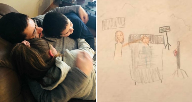 Carson sendo recebido em casa após alta; ao lado, desenho feito pela filha: Jesus com a mão sobre a cabeça de Carson enquanto ele estava internado. (Foto: Reprodução / Facebook)