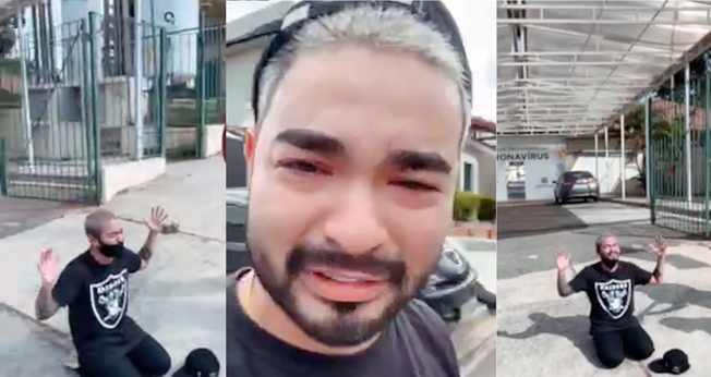  O cantor Yudi Tamashiro orou pelos pais com Covid-19 em frente ao hospital que estão internados. (Foto: Reprodução/Instagram).