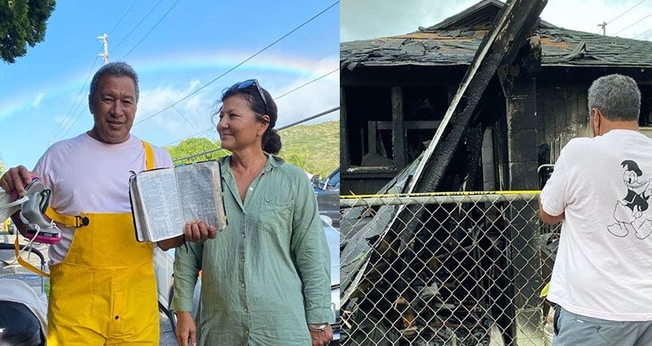 Tony e Tammy Moniz, pais de Kelia Moniz, com a foto da Bíblia intacta; o pai da surfista em frente à casa da família, destruída pelo fogo. (Foto: Reprodução / Instagram).