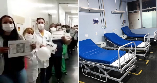 Funcionários louvam a Deus e mostram alas de Covid vazias. (Foto: Reprodução/Facebook/Montagem Guiame)