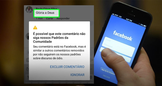 Mensagem do Facebook sobre postagem “Glória a Deus. Aleluia”. (Foto: Montagem Guiame)