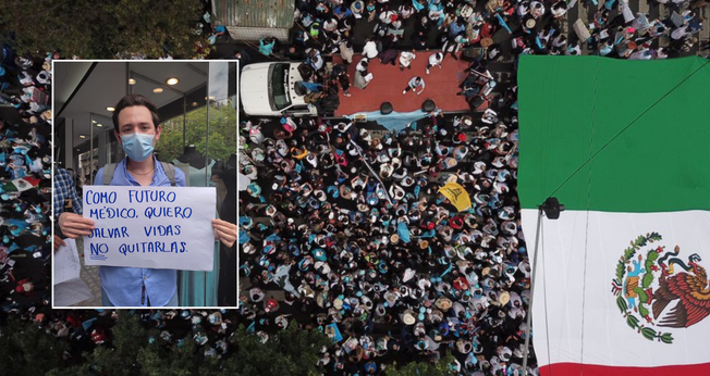 Vista aérea de parte das manifestações pró-vida em frente à Suprema Corte; no destaque, manifestante com cartaz. (Foto: Reprodução / Twitter)