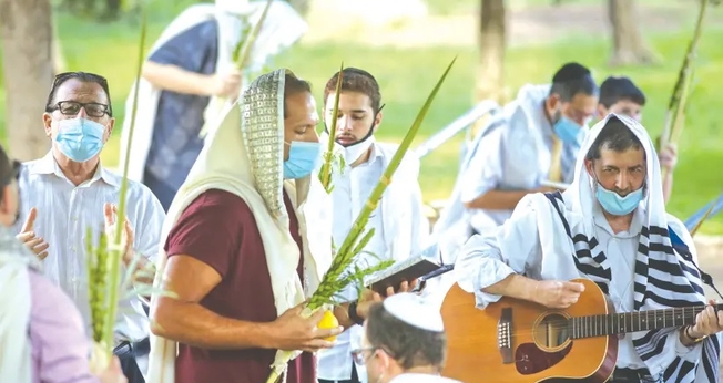 Adoradores seguram as Quatro Espécies enquanto oram durante Sucot, em Ramat Beit Shemesh no início desta semana. (Foto: Reprodução / Yaakov Lederman)