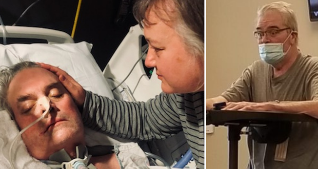 Staci Williams ao lado do marido, David, na UTI; à direita, David recuperado milagrosamente. (Foto: Cortesia da Família Williams)