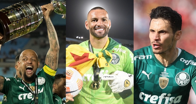 Jogadores Felipe Melo, Weverton e Raphael Veiga. (Foto: Instagram/Cesar Greco/SE Palmeiras/CONMEBOL Libertadores)
