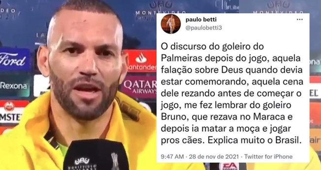 Goleiro Weverton foi criticado por entrevista após título da Libertadores. (Foto: Reprodução/Redes Sociais)