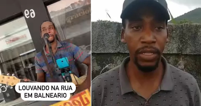 Regis da Silva canta nas ruas de Balneário Camboriú. (Foto: Montagem / Captura de telas)