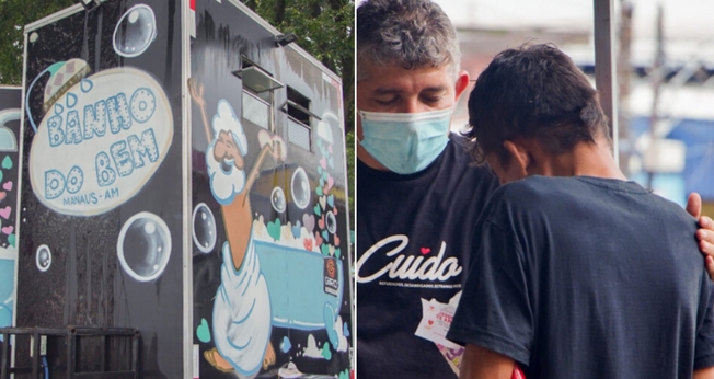 A cabine “Banho do Bem” ofereceu banho gratuito no centro de Manaus. (Foto: Divulgação).