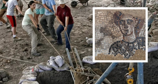 Escavações na antiga vila judaica de Huqoq e, no destaque, mosaico com figura bíblica. (Foto: Huqoq Excavation Project / Jim Haberman)