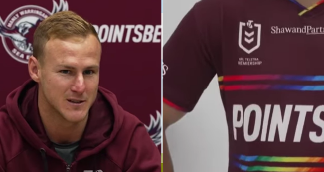 O capitão do Sea Eagles, Daly Cherry-Evans, durante coletiva de imprensa; camisa arco-íris. (Captura de tela/YouTube/Sky Sports News)