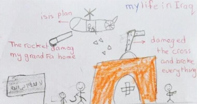 Desenho de Sara que descreve o ataque do Estado Islâmico contra seu pai e seu avô. (Foto: Reprodução/God Reports)