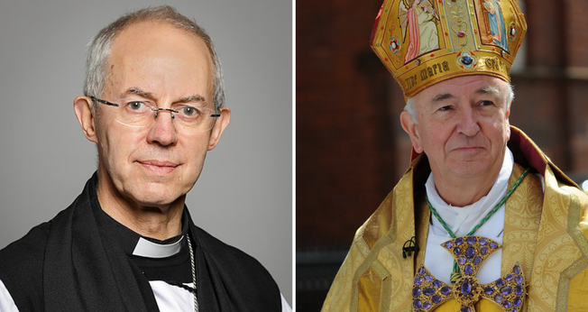 O arcebispo de Canterbury, Justin Wellby [à esq]; o arcebispo da Igreja Católica da Inglaterra, Vincent Nichols. (Fotos: Roger Harris/Creative Commons e Marcin Mazur/CCN)