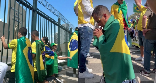 Manifestantes ajoelhados orando pelo Brasil. (Foto: Francielle Gentil/Instagram)