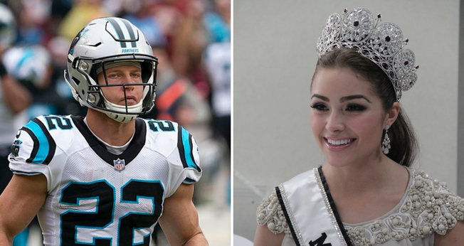 Olivia Culpo, vencedora do Miss Universo (Foto: U.S. Embassy, Jakarta). Christian McCaffrey (Foto: Keith Allison de Hanover/Creative Commons).