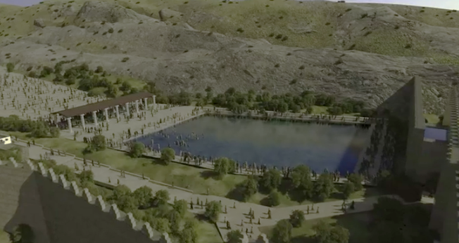 Renderização de vídeo do tanque de Siloé durante o período do Segundo Templo. (Captura de tela: Ran Tzahur e Studio Umbrella).