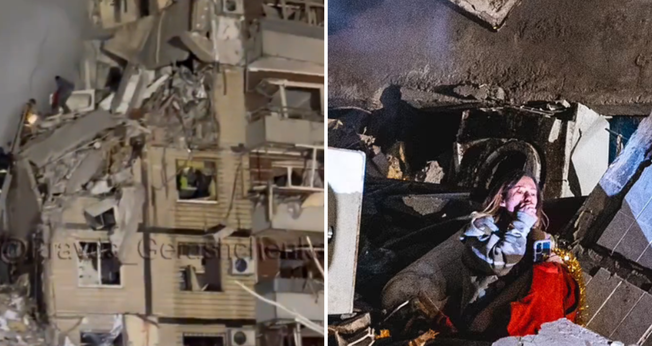 Anastasia Shvets e o prédio destruído por míssil. (Captura de tela/Twitter/Anton Gerashchenko)