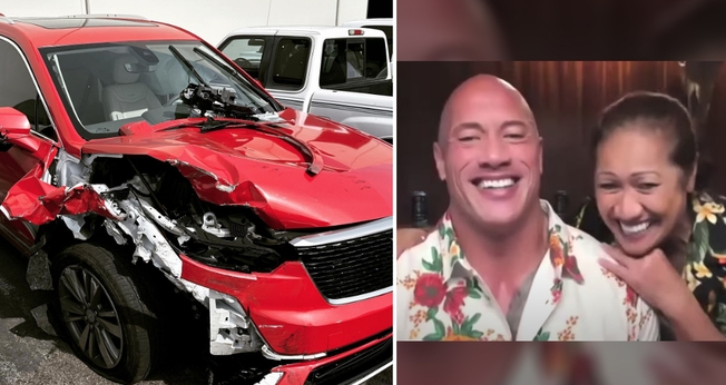 Veículo destruído após o acidente. (Foto: Reprodução/The Rock/Instagram/Access Hollywood)