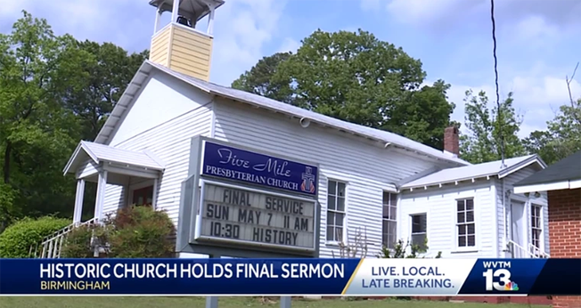 A Igreja Presbiteriana Five Mile fechou suas portas no domingo (7). (Foto: Reprodução/NBC News WVTM).