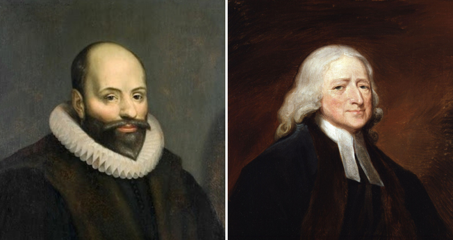 Jacó Armínio [à esquerda] e John Wesley [à direita]. (Fotos: Wikimedia)