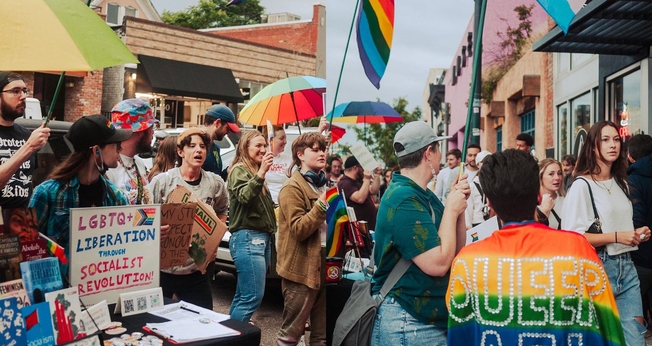 Manifestantes LGBT em frente a cafeteria cristã. (Foto: Reprodução/Facebook/Denver Communists)