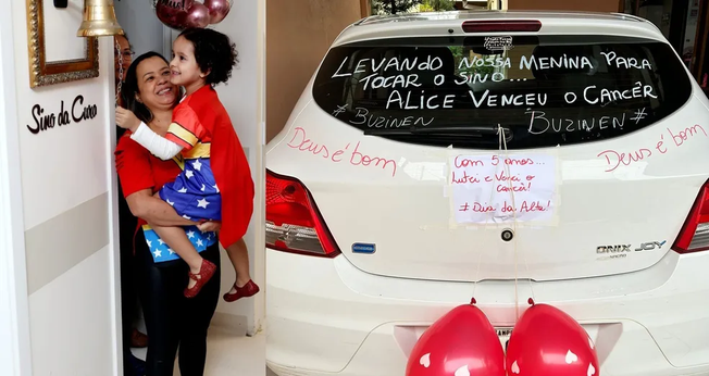 A menina Alice no coloca da mãe Simone: tocou o 'sino da cura' após dois anos de tratamento contra câncer. (Foto: Arquivo Pessoal)