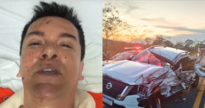 Cantor Regis Danese após ser resgatado do acidente; carro ficou totalmente destruído. (Captura de tela/Instagram Regis Danese)