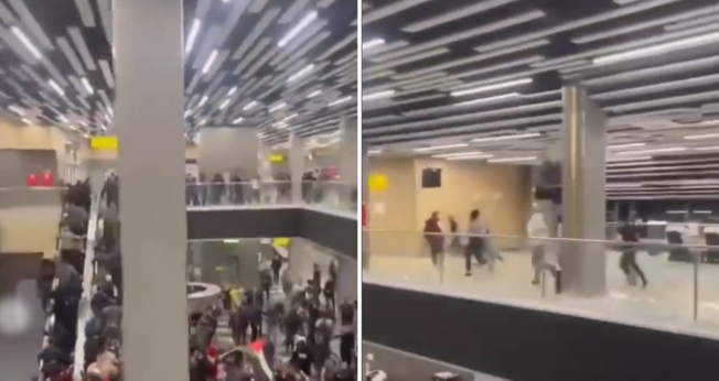 Imagens mostraram uma multidão invadindo o terminal do aeroporto após saber da chegada do voo. (Captura de tela/Jewish Breaking News)