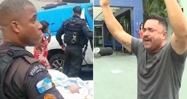 O avô Davi agradeceu a Deus em frente a maternidade. (Foto: Reprodução/G1/Bom Dia Rio).