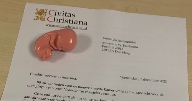 Carta da Civitas Christiana enviada aos deputados holandeses. (Foto: X/Wieke Paulusma)