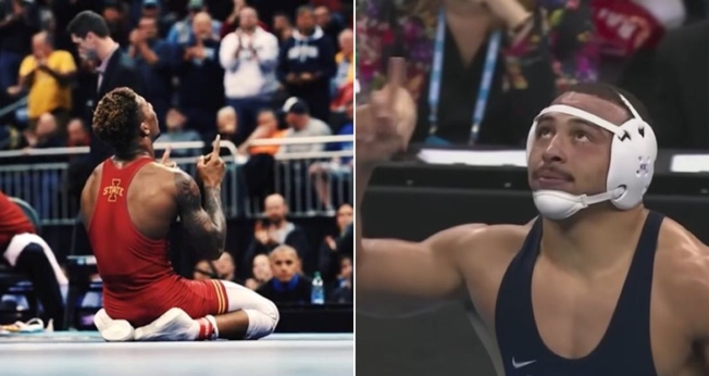 Aaron Brooks e David Carr. (Foto: Reprodução/YouTube/NCAA Championships/X/Iowa State Wrestling)