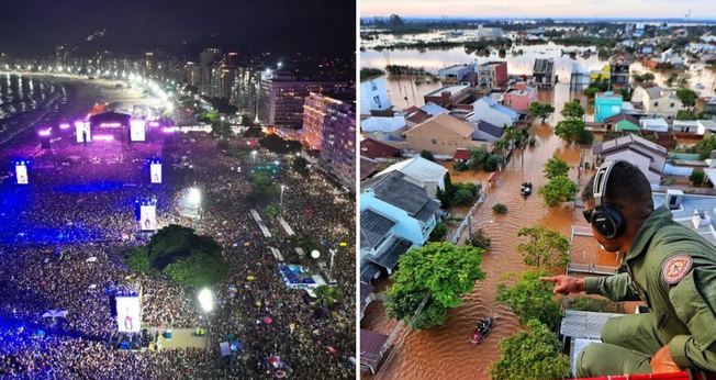 Imagens de Copacabana em show da Madonna [à esq.]; Imagens da enchente no RS [à dir.]. (Fotos: Fabio Motta/Prefeitura do Rio / Lauro Alves/Instagram/governo_rs). 