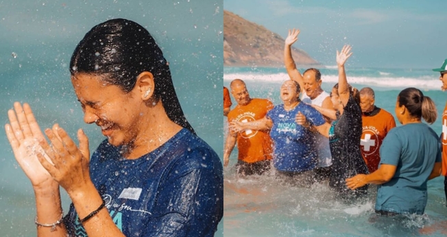 O batismo aconteceu na praia do Recreio. (Foto: Instagram/Igreja Batista Atitude Sede).