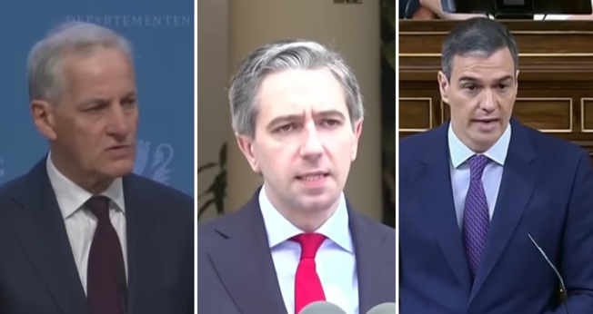 Jonas Gahr Store, primeiro-ministro da Noruega; Simon Harris, primeiro-ministro da Irlanda; Pedro Sánchez, primeiro-ministro da Espanaha. (Captura de tela/YouTube/Guardian)