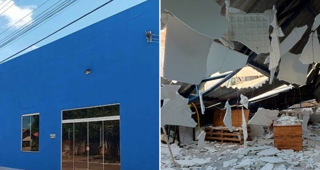 O telhado da igreja em Guaraí, Tocantins, desabou. (Foto: Reprodução/G1).