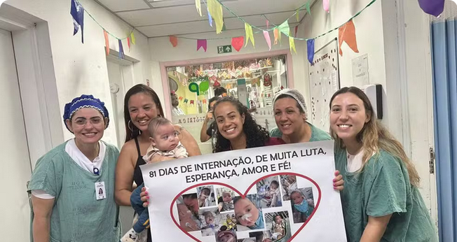 Equipe da UTI pediátrica fez homenagem ao bebê que recebeu alta após 81 dias internado. (Foto: Arquivo pessoal) 