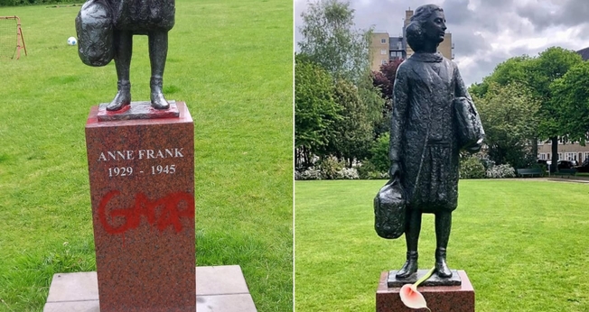 Estátua de Anne Frank em Amsterdã. (Foto: Reprodução/X/@mrconfino/Wikimedia Commons/Citius Altius Fortius).