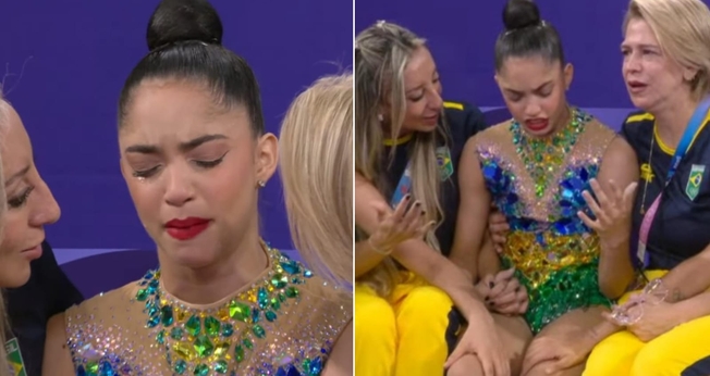 Victória Borges louvou a Deus enquanto esperava a nota de sua equipe. (Foto: Reprodução/YouTube/CazéTV).